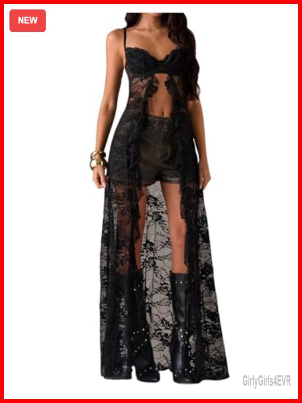 Floral Lace Cami Top Ruffle Trim Sheer Spaghetti Strap Party